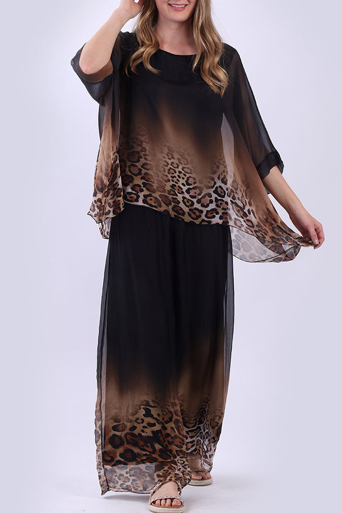 Leopard Layered Batwing Top Wide Leg Pants Set