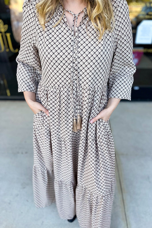 Ruffled Sleeve Checked Pocket Midi Dress
