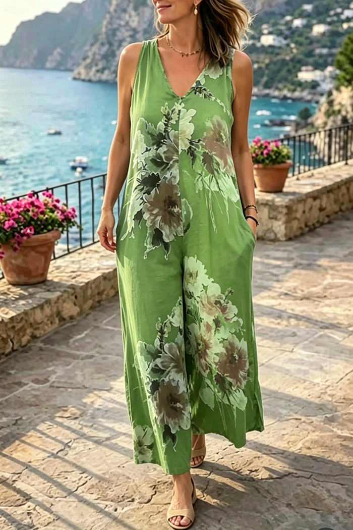 Sleeveless Tie-Back Floral Pocket Jumpsuit