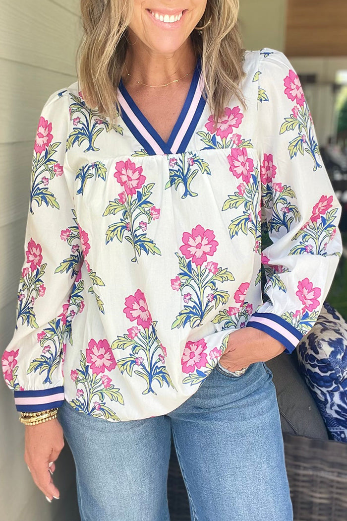 Floral Print Striped V-Neck Blouse