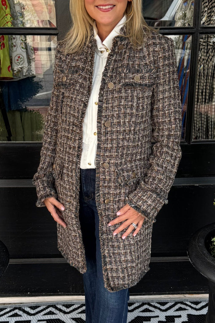 Taupe Multi Mandarin Collar Tweed Coat