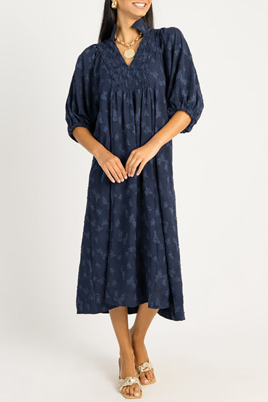 Tonal Texture Elastic Sleeve Dress