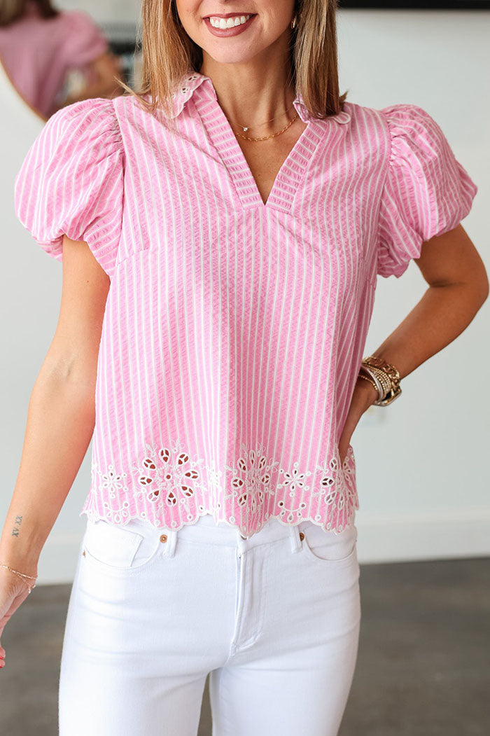 Striped Eyelet Detail Puff Sleeve Top
