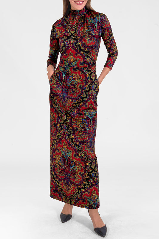 Paisley Mock Neck Pocket Maxi Dress