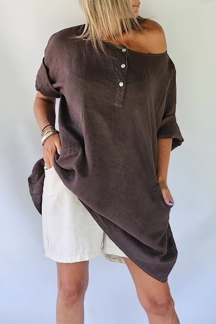 Henley Neck Pocket Loose Top Shorts Set