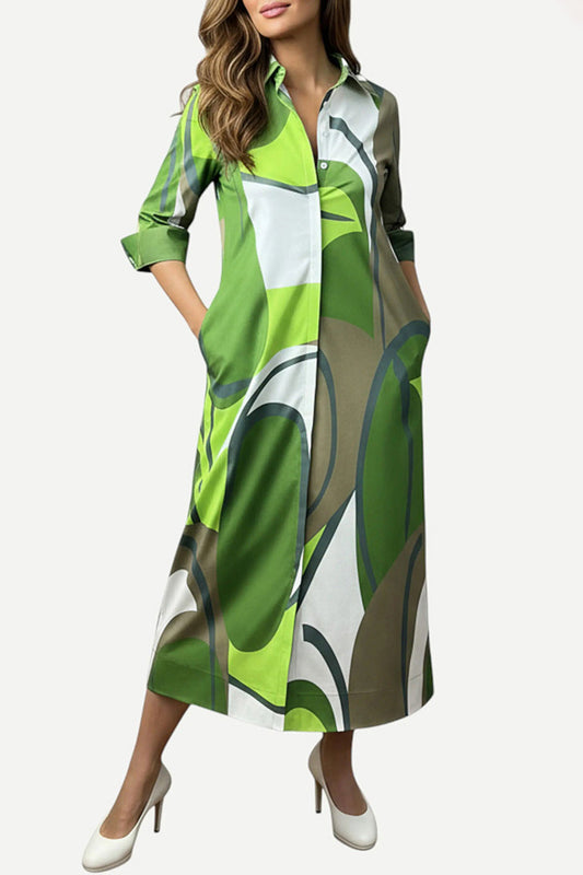 Green Print 3/4 Sleeve Pocket Dress