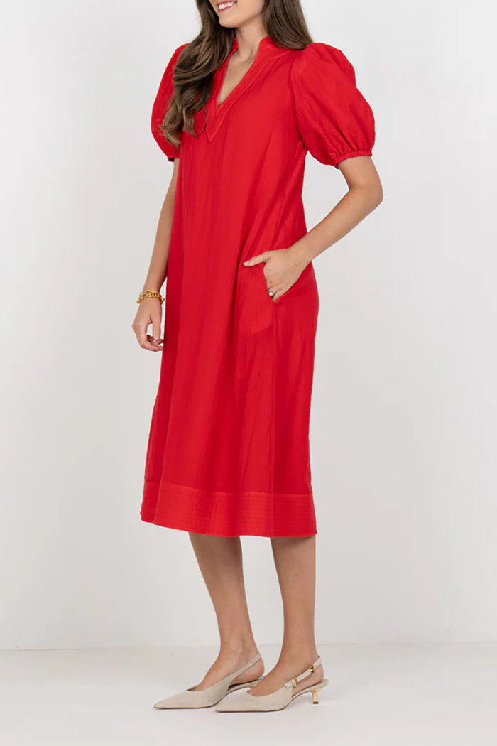 Red V-Neck Puff-Sleeve Pocket Dress