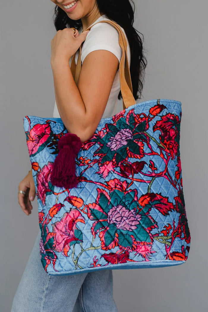 Quilted Floral Tassel Tote