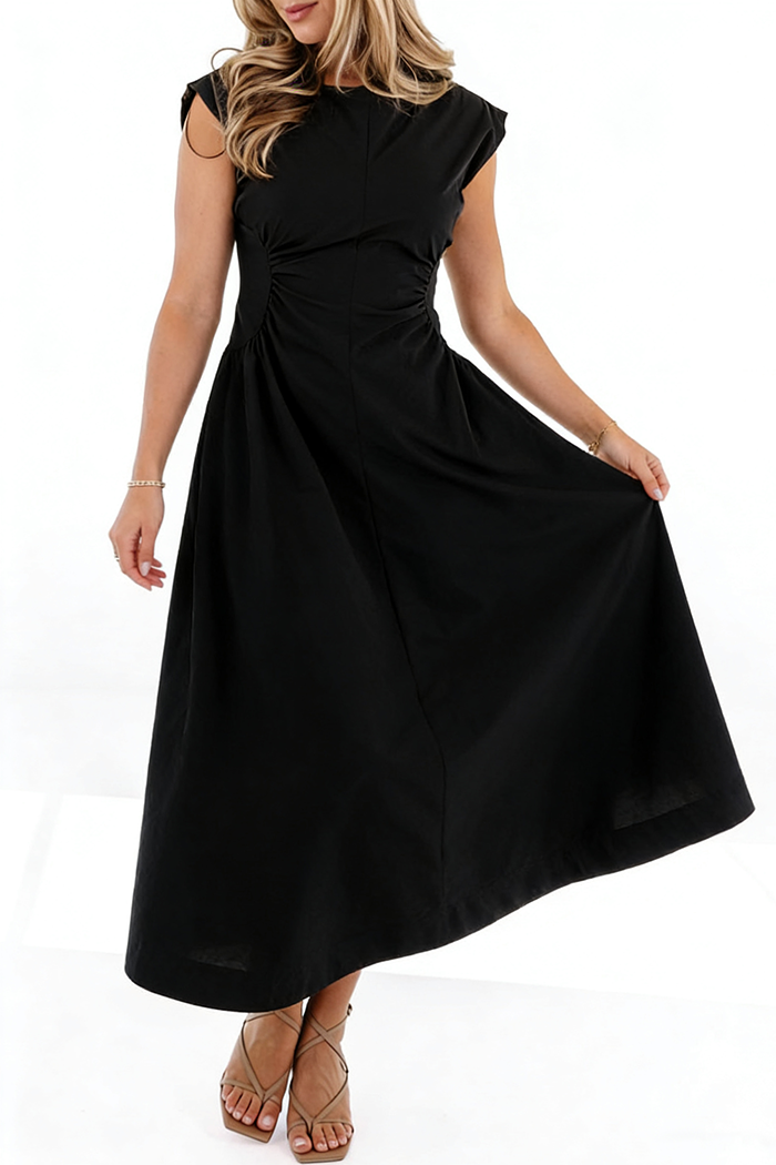 Ruched Waist Cap Sleeve Midi Dress