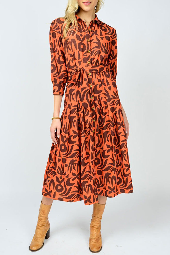 Shirt Collar Print Midi Dress