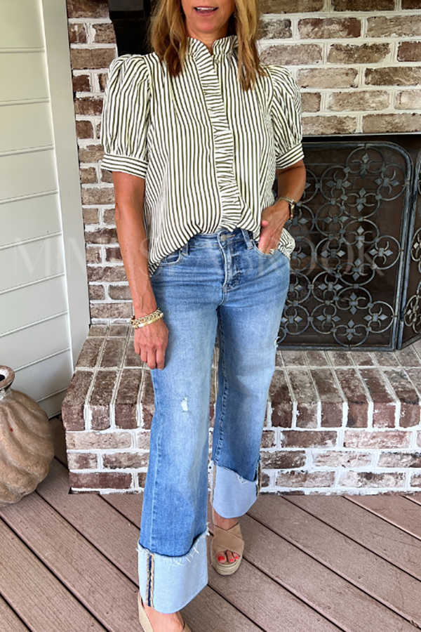 Casual Ruffles Stripes Top