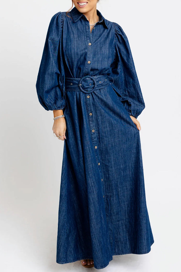 Dark Denim Belted Puff Sleeve Maxi Dress