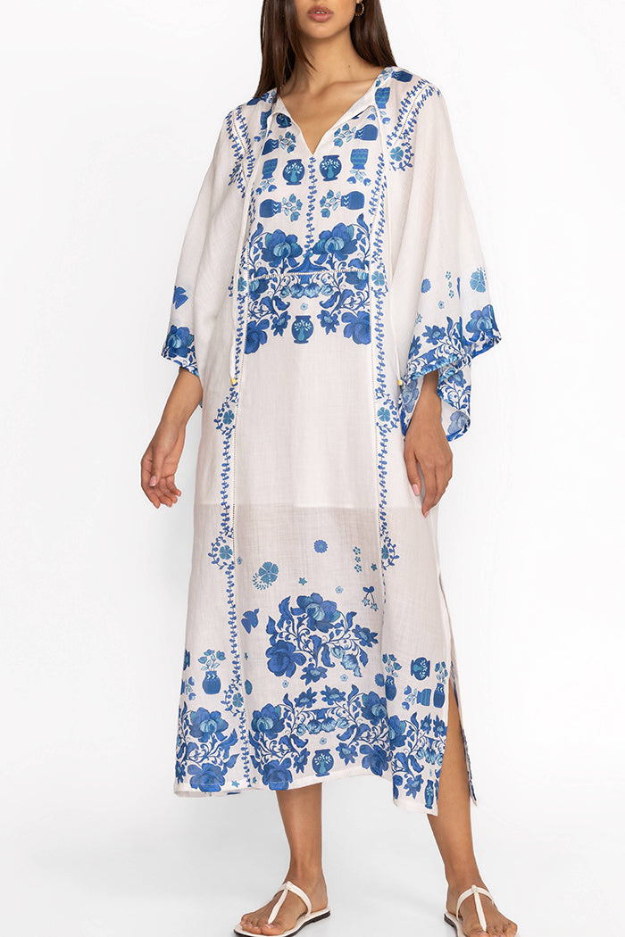 Blue Floral Bell Sleeve Side Slit Kaftan Midi Dress