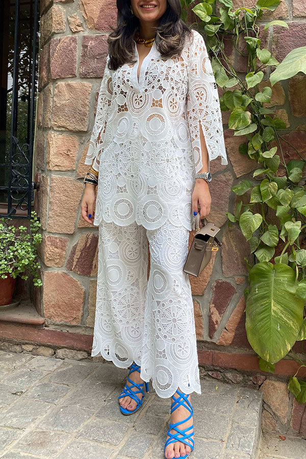 Casual Solid Color Cutwork Set