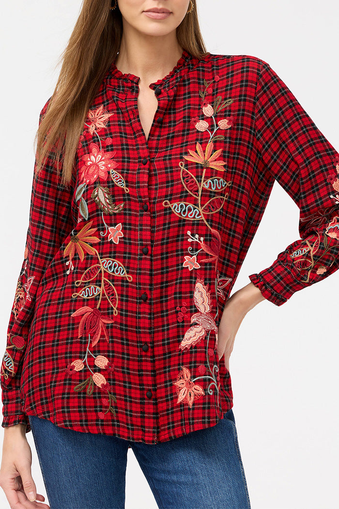 Plaid Floral Embroidered Top