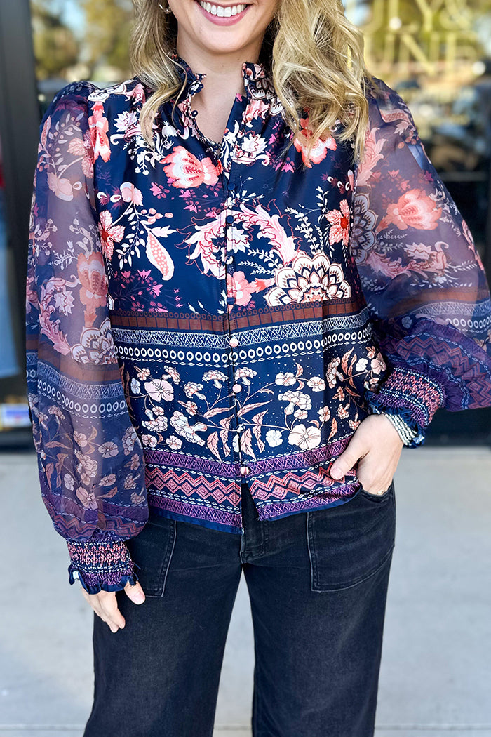 Floral Print Puff-Sleeve Stand-Collar Blouse