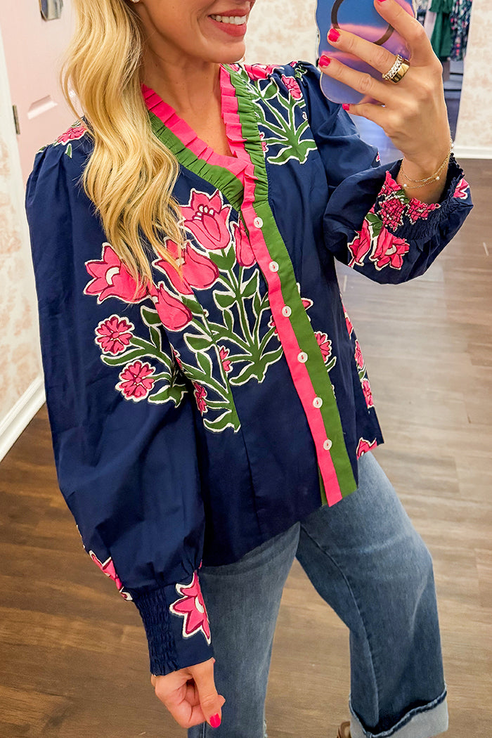 Ruffled V-Neckline Button-Front Top