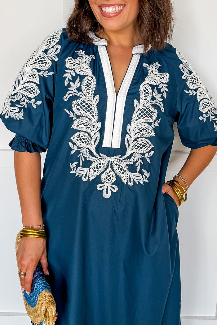 Navy Slit Puff Sleeve Pocket Dress