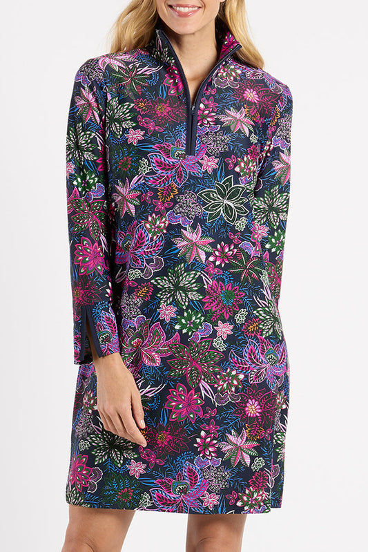 Floral Quarter Zip Long Sleeves Dress
