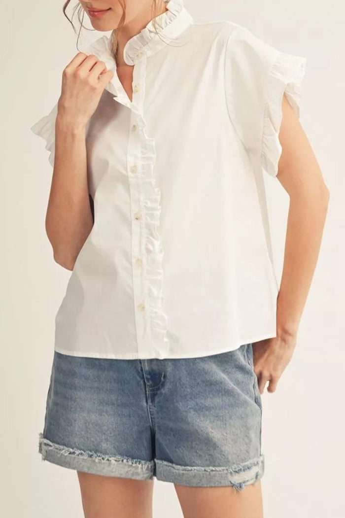 White Ruffle Button Up Top