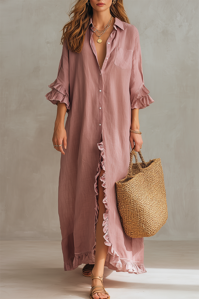 Ruffled Trim Button Down Maxi Dress