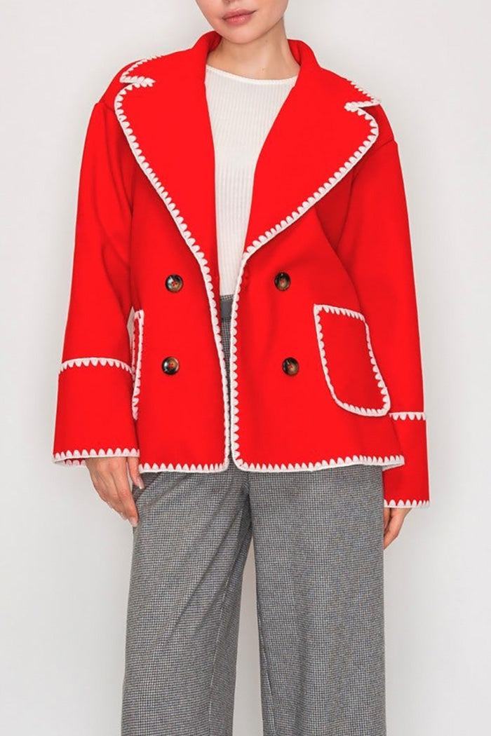Pocketed Contrast Trim Double Button Jacket
