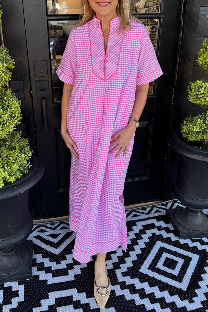 Pocketed Pink Gingham Maxi Dress