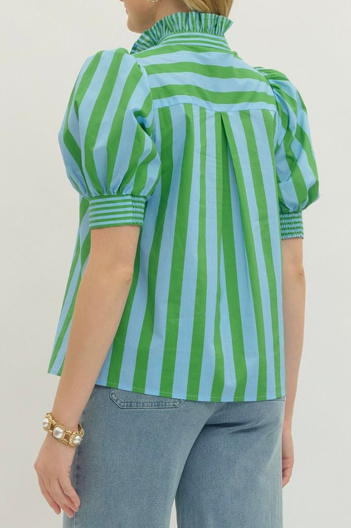 Striped Ruffle Collar Puff Sleeve Top