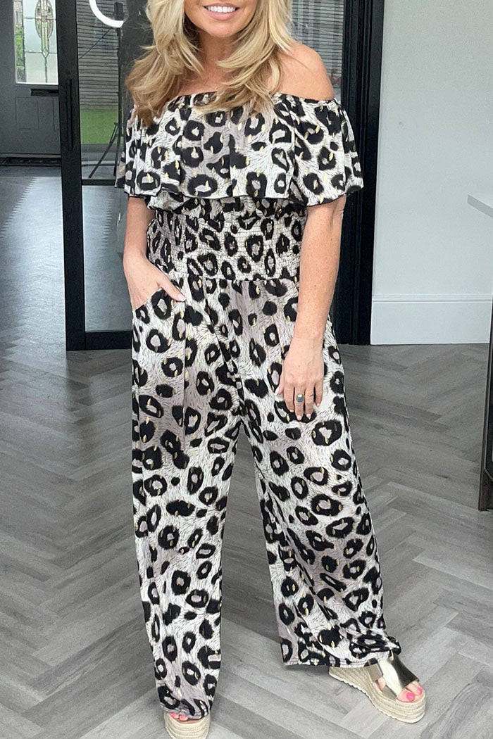 Off The Shoulder Animal Print Jumpsuit