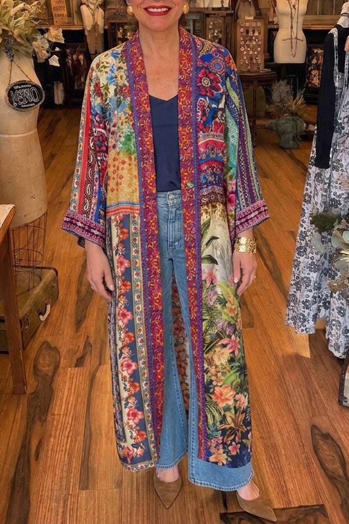 Reversible Patchwork Floral Long Silk Kimono