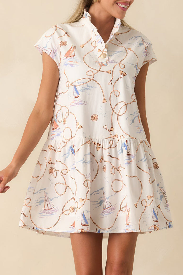 Ivory Multi Nautical Print Tiered Hem Dress