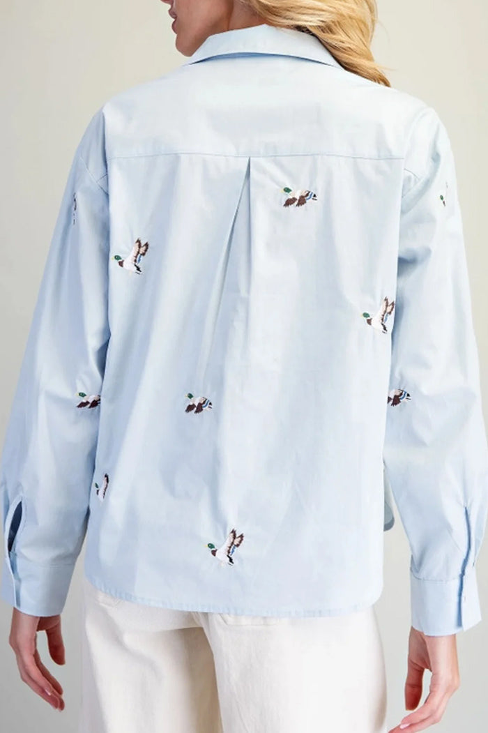 Sky Blue Embroidered Duck Button Up Top