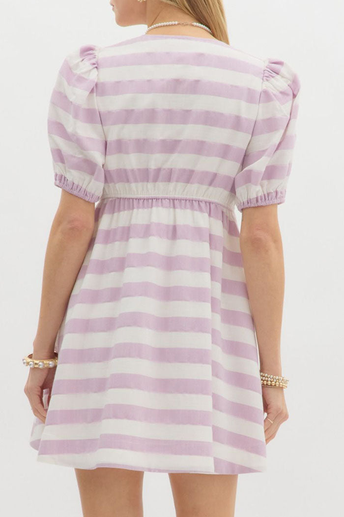 Striped Puff Sleeve Pocket Dress