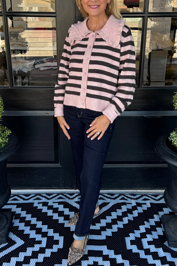 Striped Knit Ruffle Collar Button Front Long Sleeve Cardigan
