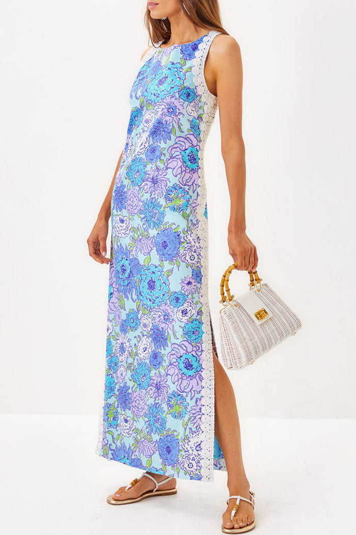 Floral Lace Trim Side Slit Dress