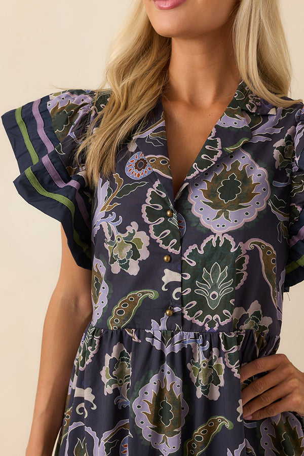 Retro Pattern Flutter Sleeve Dress