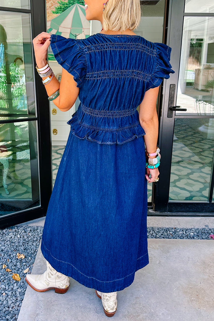 Bow Flutter Sleeve Denim Dress