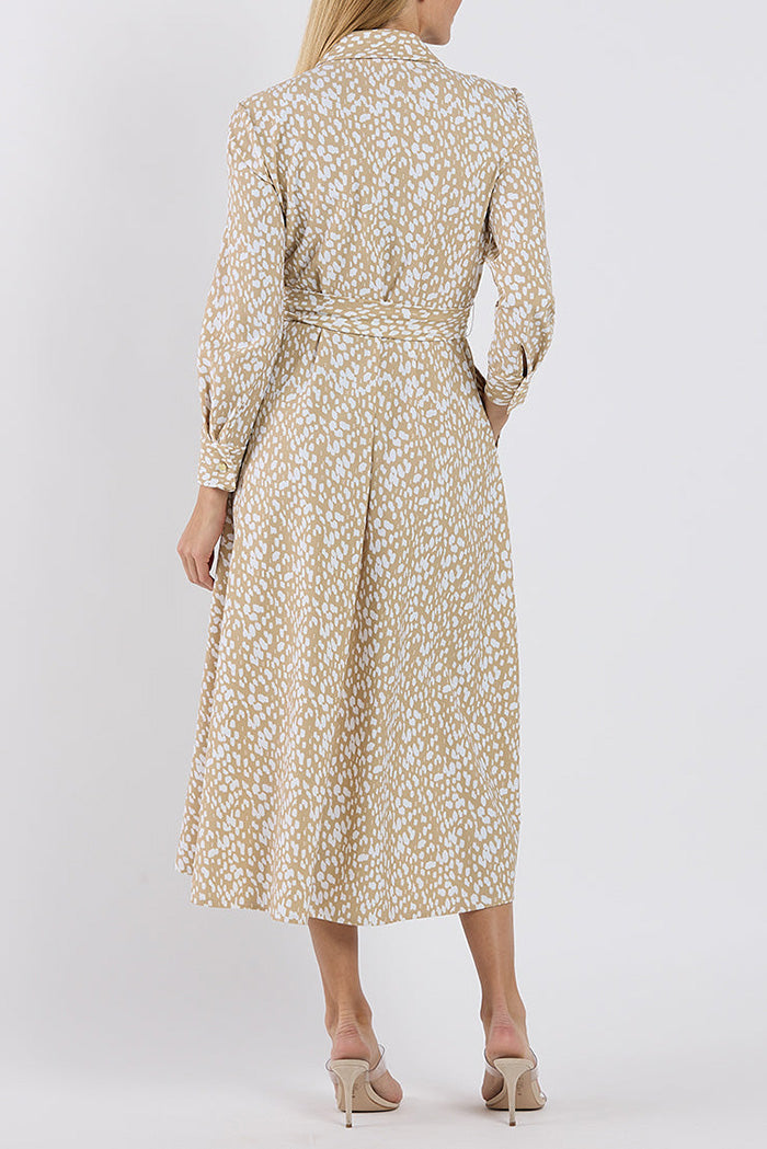 Pocketed Beige Spotted Belted Midi Dress