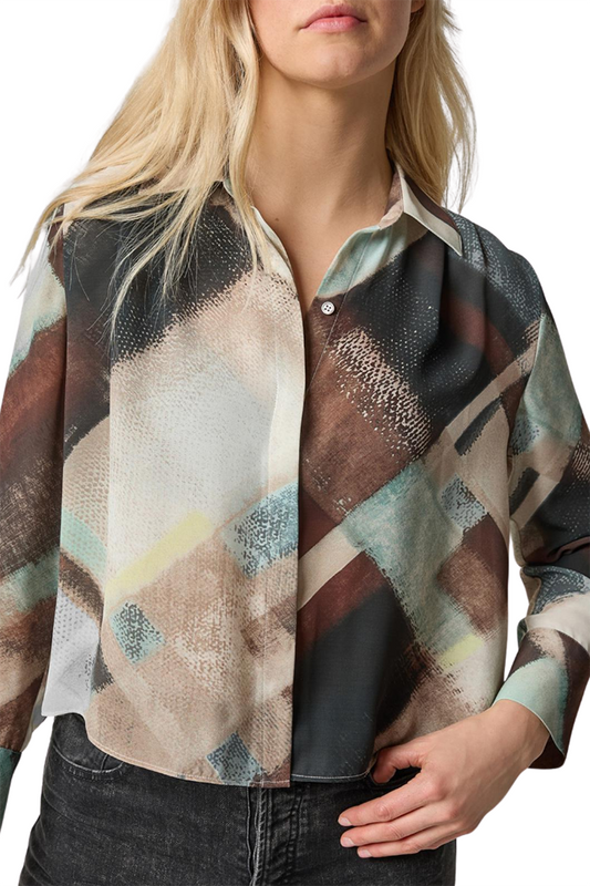 Abstract Print Long-Sleeve Button-Down Blouse