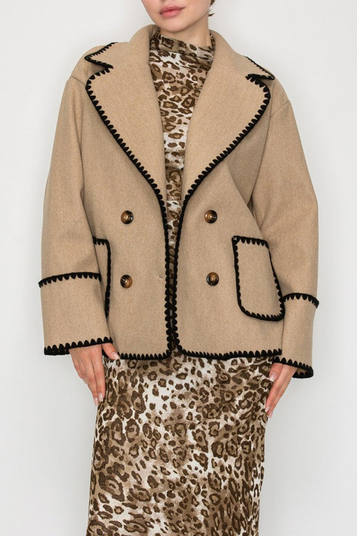 Pocketed Contrast Trim Double Button Jacket