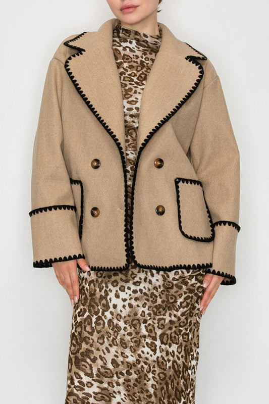 Pocketed Contrast Trim Double Button Jacket
