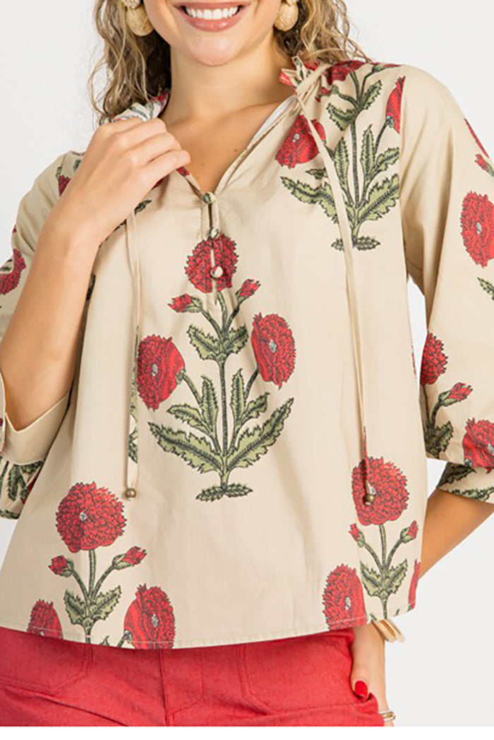 Floral Ruffle Collar Balloon Sleeves Top