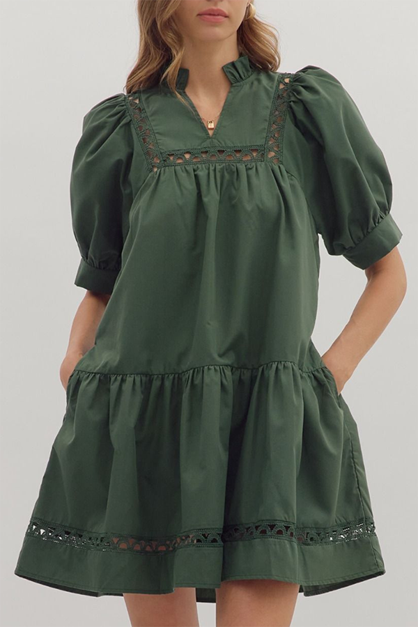Casual Puff Sleeve Ruffles Dress