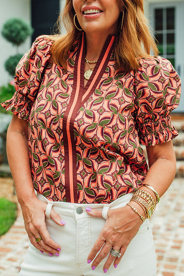 Abstract Print Ruffle Sleeve Top