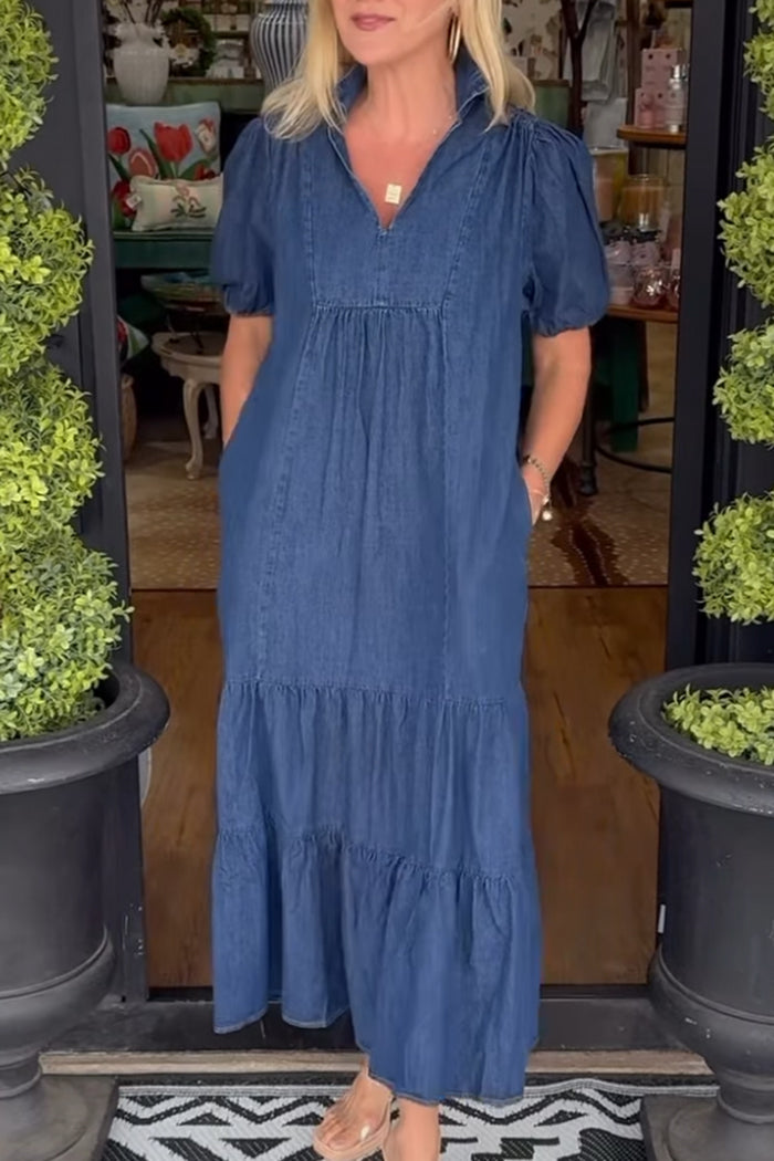 Puff Sleeve Tiered Denim Pocket Maxi Dress