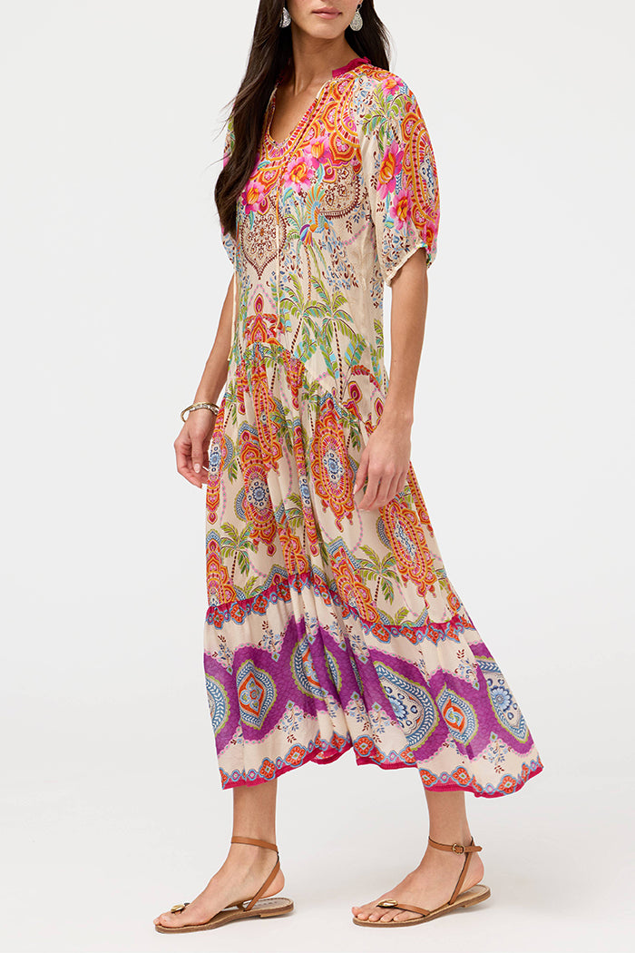 Boho Paisley Tropical Tiered Hem Midi Dress