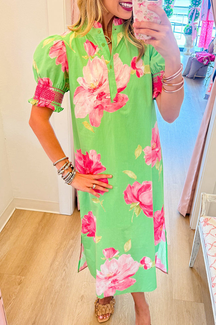 Floral Ruffle Neck Midi Dress