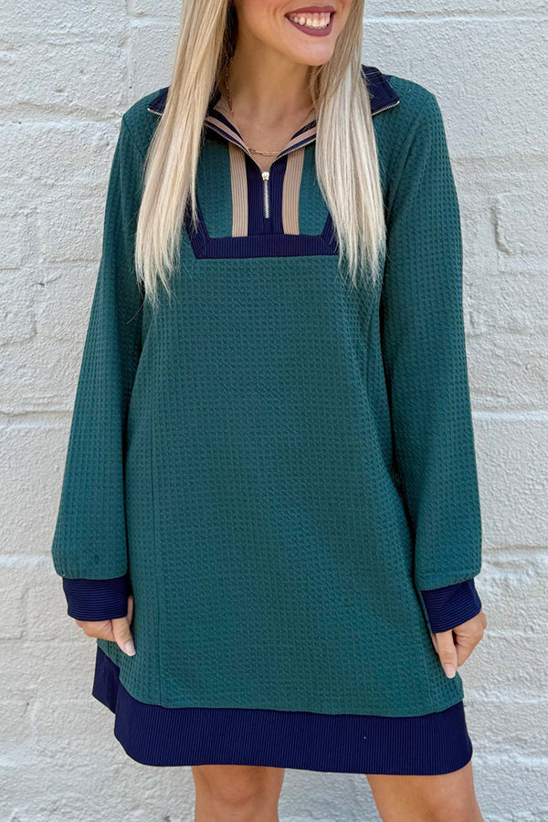 Waffle Knit Zip Collar Dress