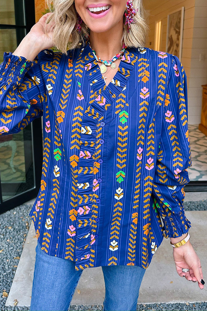 Floral Vine Print Ruffled Smocked Cuff Top