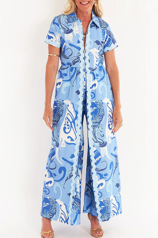 Blue Abstract Print Collared Shirt Tunic